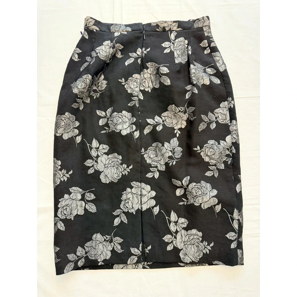Maggy London‎ Skirt Womens 8 Black Floral Jacquard Pencil Midi Lined Made USA